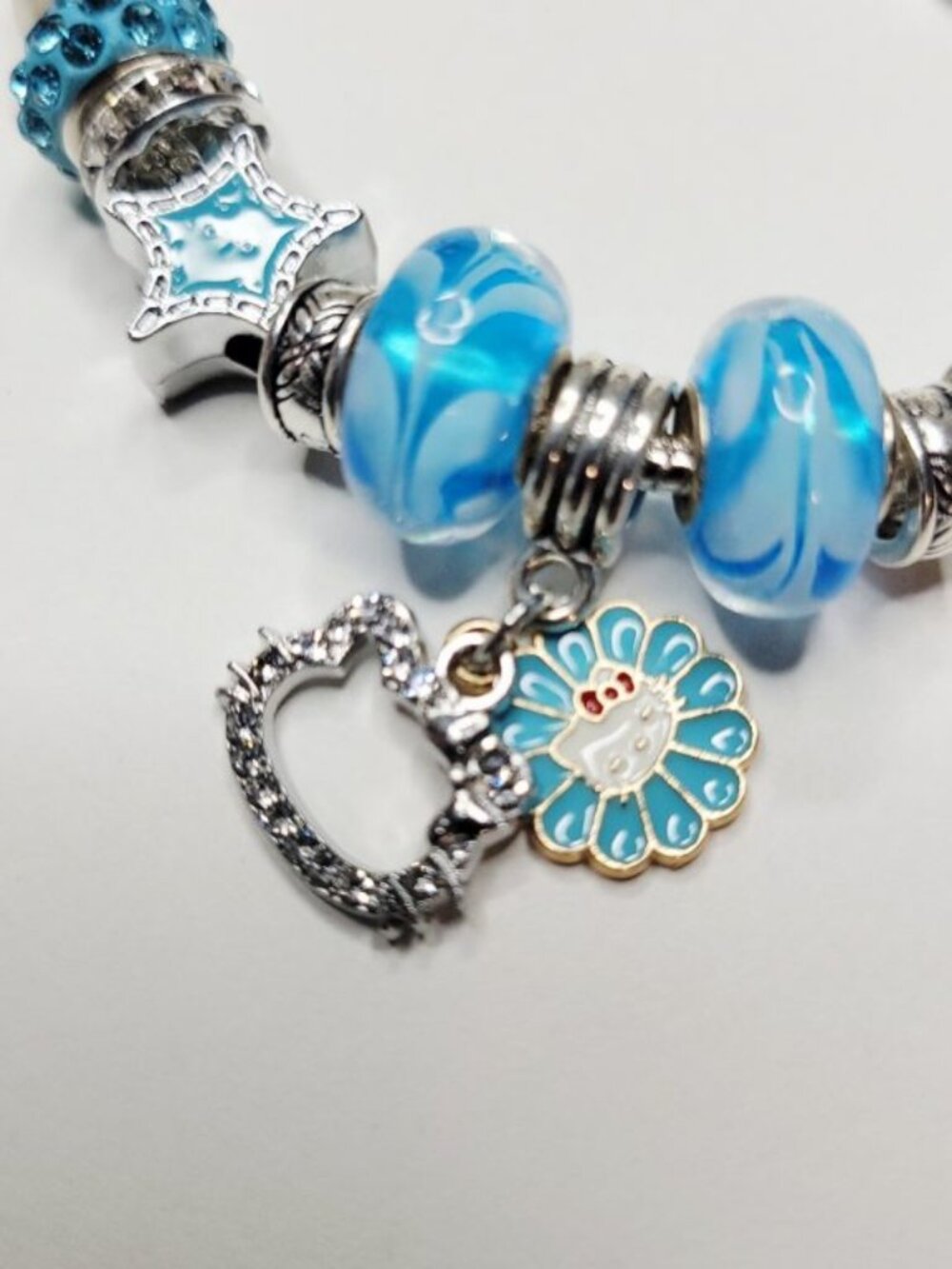 NWT Hello Kitty Pandora Style Charm Bracelet Silver Color Aqua Blue Rhinestones - Picture 6 of 8
